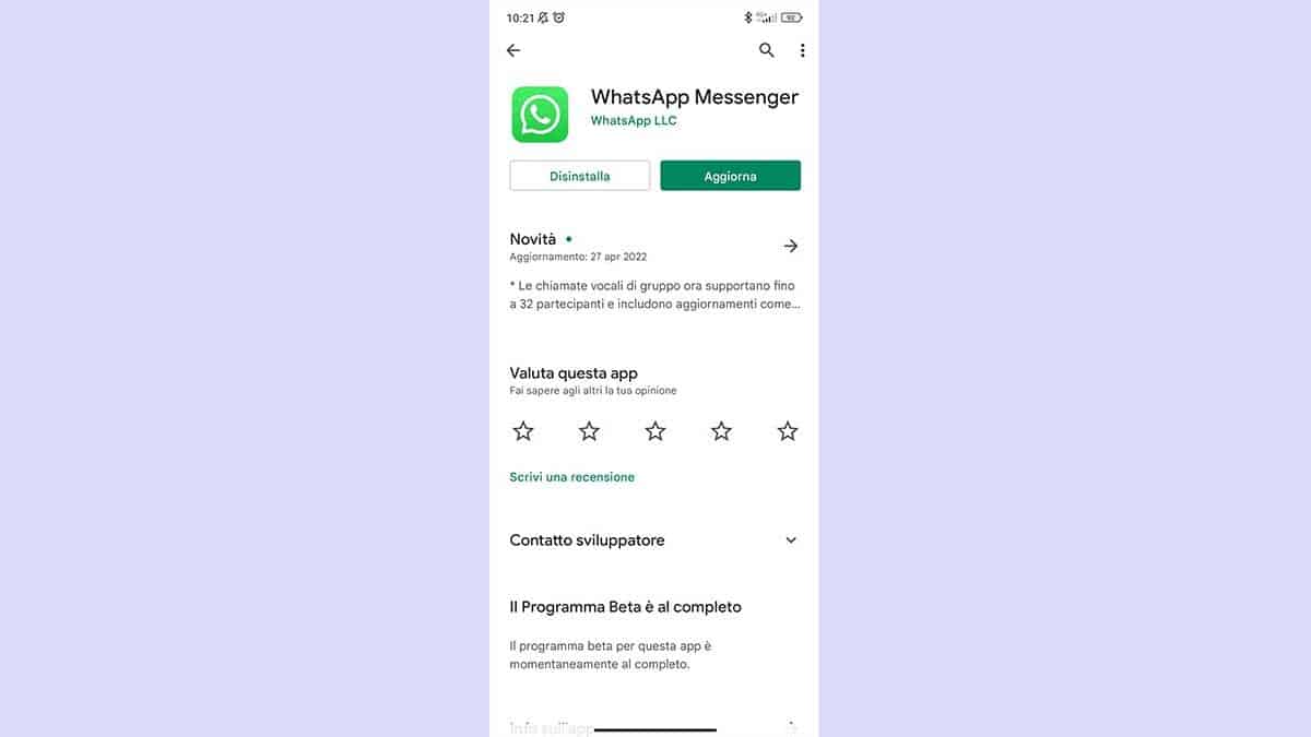 Aggiornamento WhatsApp Android