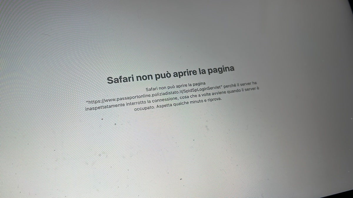 Passaporto online, pagina di errore