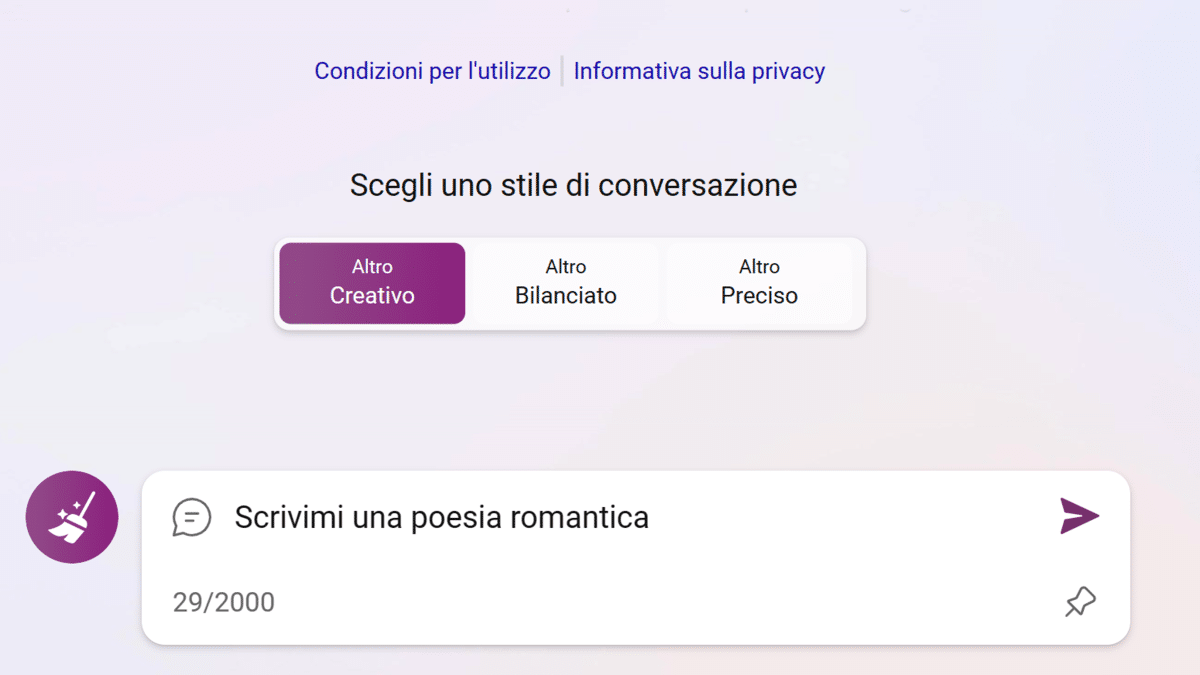 stile conversazione bing creativo bilanciato preciso