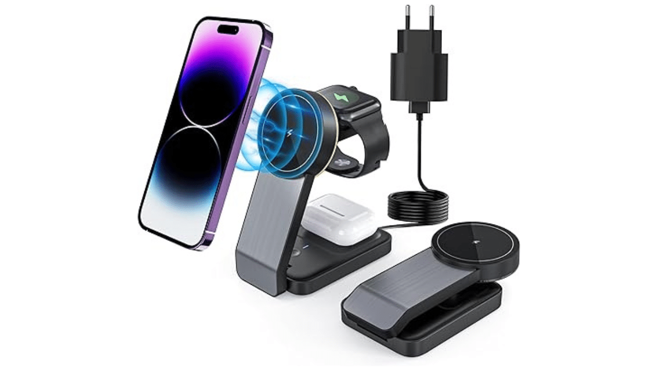 Caricatore wireless pieghevole, stazione di ricarica con Mad-safe per iPhone, Apple Watch e Airpods gadget virali