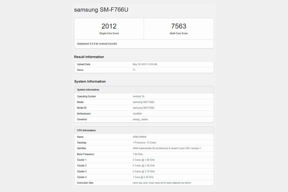 Samsung Galaxy Z Flip7 avvistato su Geekbench