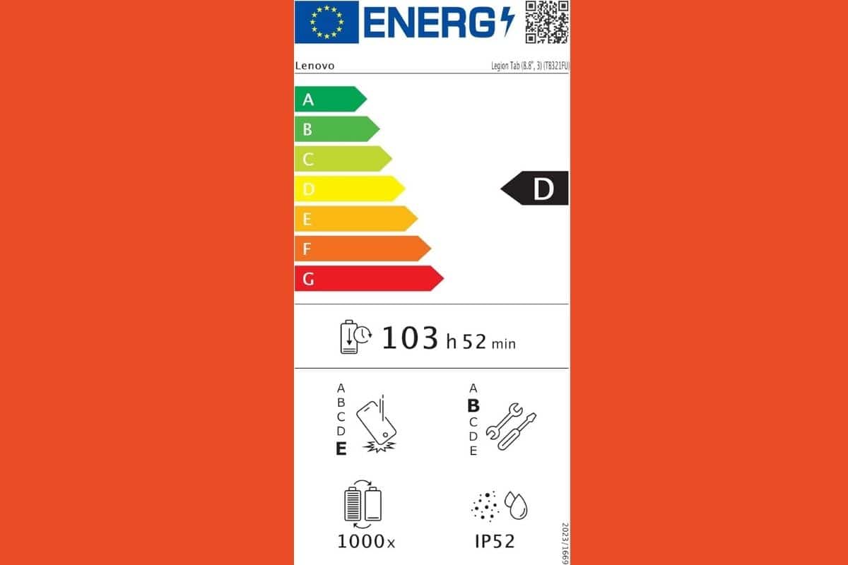 Etichetta energetica lenovo legion tab