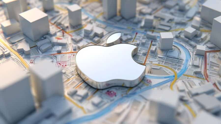 Logo Apple tridimensionale appoggiato su una mappa urbana stilizzata con edifici in miniatura.