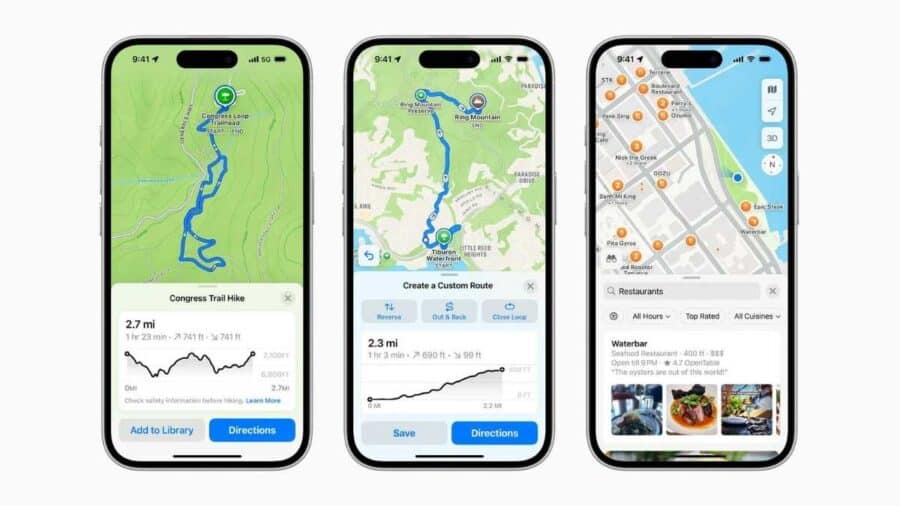 Tre iPhone mostrano diverse schermate di Apple Maps con percorsi personalizzati, itinerari per escursioni e risultati per ristoranti nelle vicinanze.