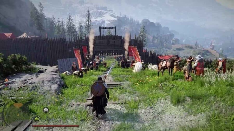 Personaggio armato si avvicina a un accampamento fortificato con soldati e cavalli in Crimson Desert