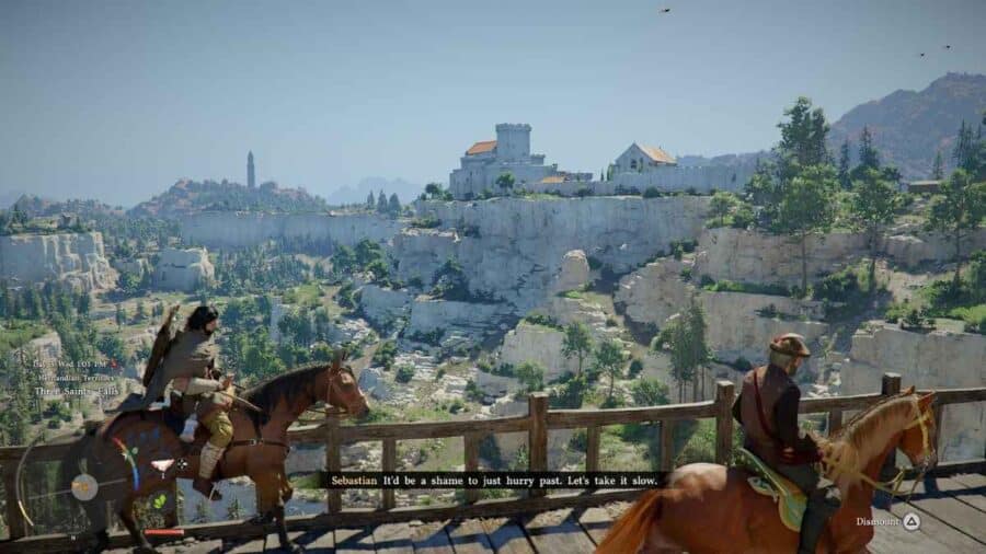 Due personaggi a cavallo osservano una città costruita su scogliere in Crimson Desert