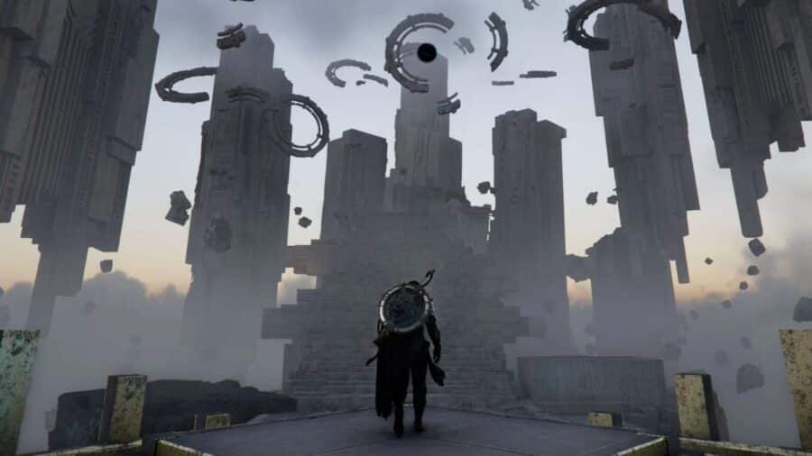 Personaggio si avvicina a una struttura con piattaforme fluttuanti e architetture misteriose