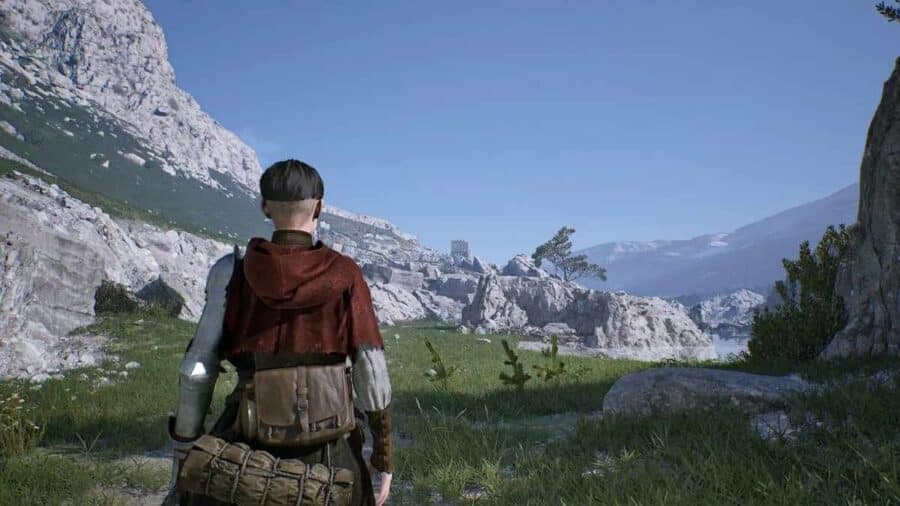 La protagonista osserva un paesaggio montano e roccioso della Toscana medievale in una fase esplorativa di Ex Voto 1348.