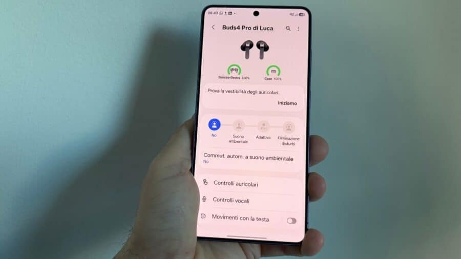 App Galaxy Wearable con stato batteria 100% e modalità ANC dei Samsung Galaxy Buds 4 Pro