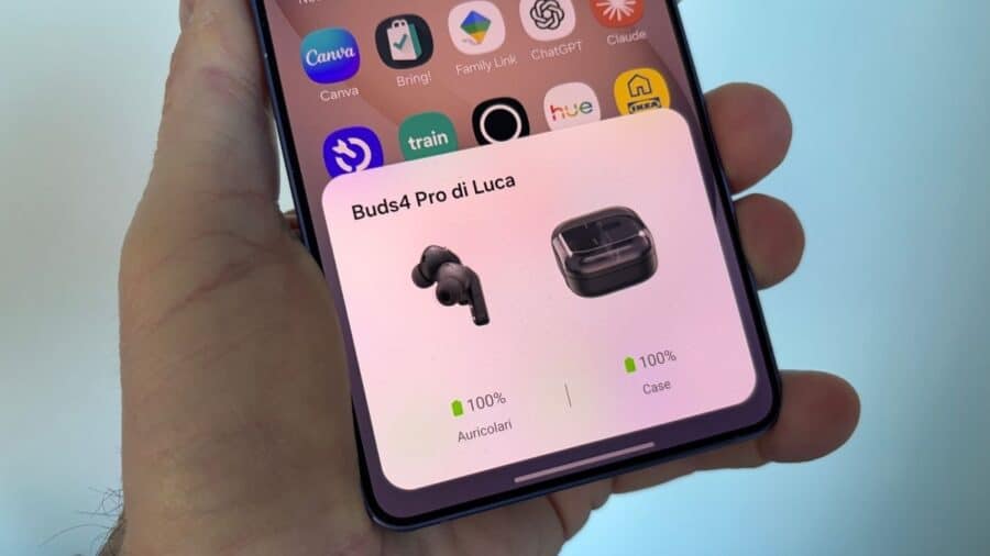 Popup Samsung di connessione rapida Galaxy Buds 4 Pro con batteria auricolari e custodia al 100%
