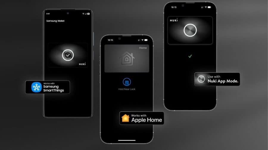 Nuki Keypad 2 NFC compatibilità Samsung SmartThings Apple Home e Nuki App Mode su tre smartphone