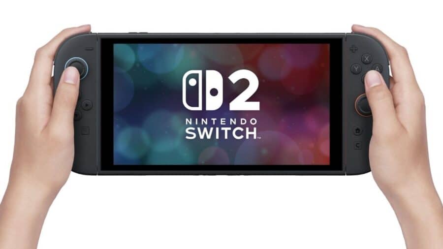 Una persona tiene in mano una console Nintendo Switch 2 con il logo della piattaforma mostrato sul display.