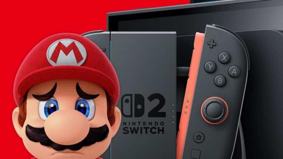 Illustrazione con Mario dall’espressione triste accanto a una Nintendo Switch 2 e a un Joy-Con su sfondo rosso.