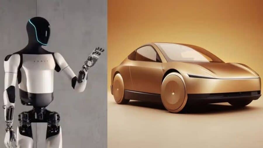 Immagine divisa con un robot umanoide su sfondo neutro a sinistra e un’auto futuristica dorata a destra.