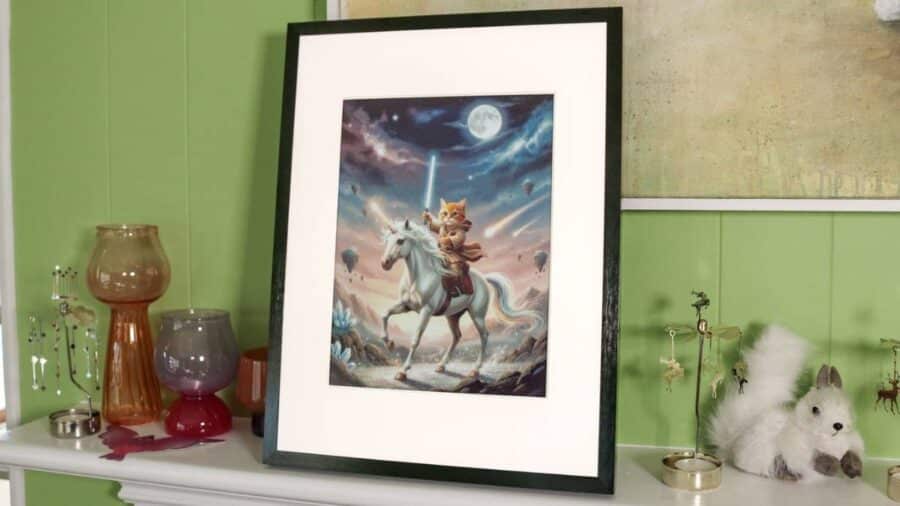 Una cornice nera appoggiata su un mobile verde mostra un’illustrazione fantasy di un gatto che cavalca un unicorno sotto la luna.