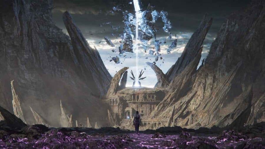 Una figura osserva un grande tempio incastonato tra montagne appuntite, mentre un fascio di luce colpisce una struttura sospesa nel cielo in Solasta 2.