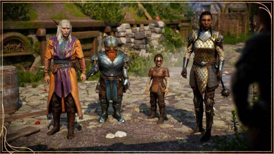 I quattro protagonisti di Solasta 2 sono schierati insieme in un villaggio, in una scena narrativa del gioco.