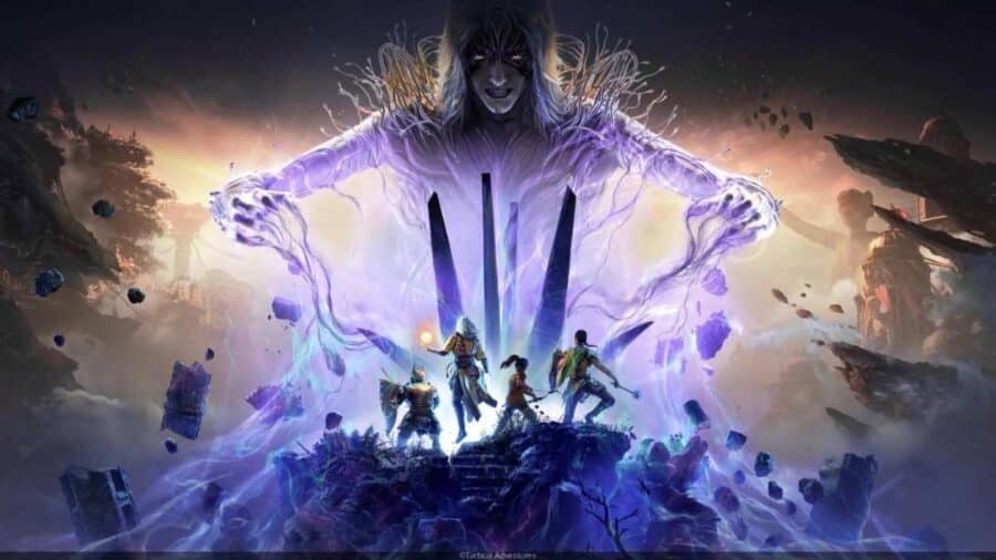 Artwork di Solasta 2 con quattro eroi in primo piano mentre affrontano una gigantesca entità viola sospesa sopra di loro.