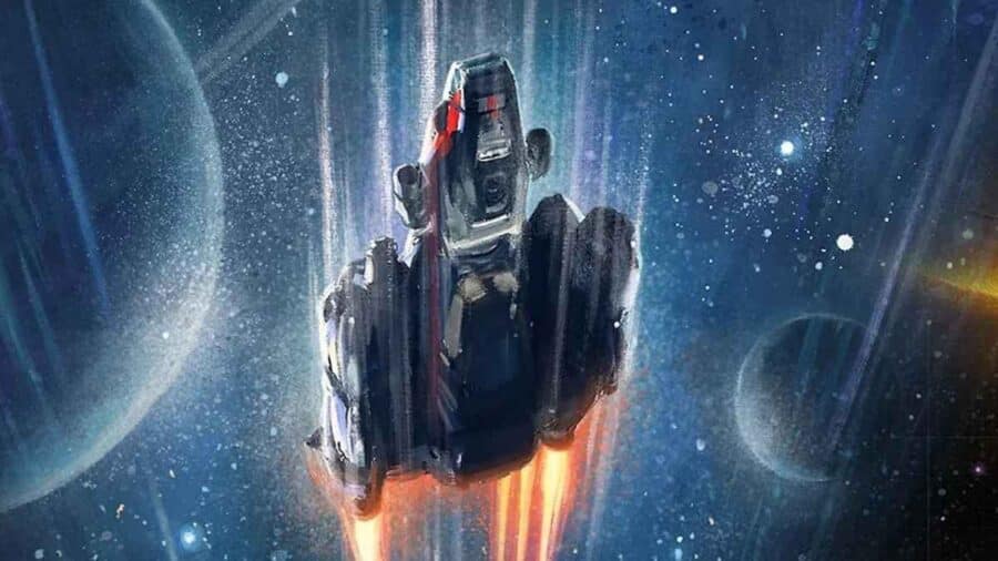 Un veicolo spaziale attraversa lo spazio tra pianeti e scie luminose, immagine legata all’aggiornamento Free Lanes di Starfield.