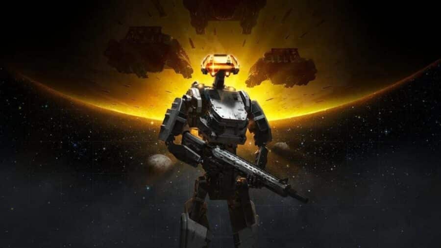 Un robot armato impugna un fucile nello spazio, con grandi astronavi sullo sfondo e la luce di un pianeta alle sue spalle in Starfield: Terran Armada.