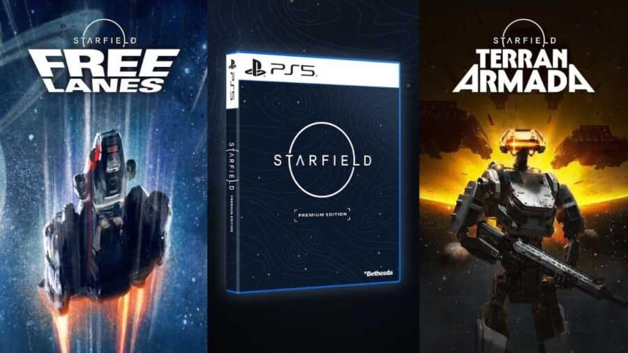 Immagine promozionale di Starfield su PS5 con la copertina della Premium Edition affiancata dai contenuti Free Lanes e Terran Armada.