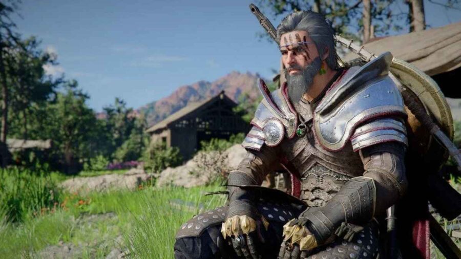 Un guerriero anziano con barba grigia e armatura pesante siede in un prato davanti a edifici rurali in Crimson Desert.