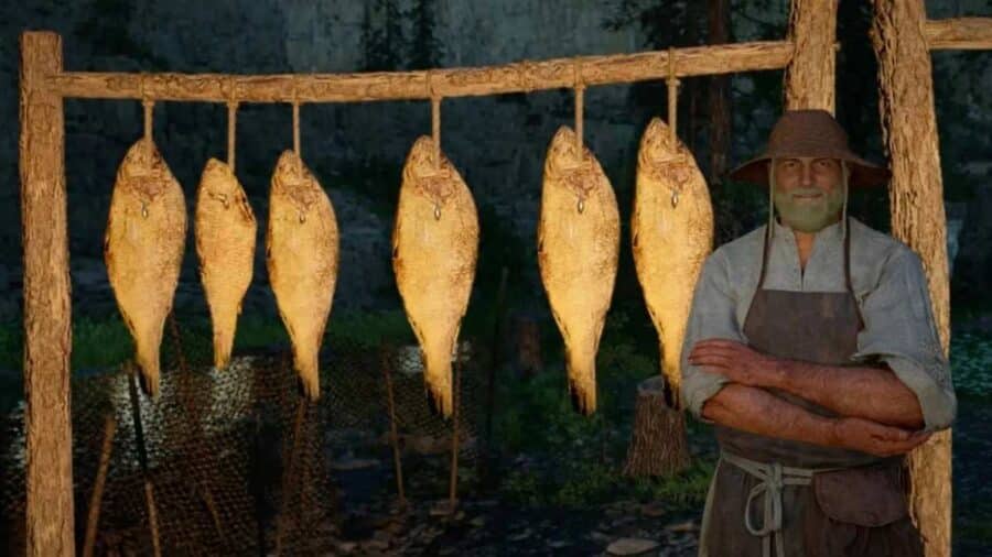 Un pescatore sorride accanto a una fila di pesci appesi a essiccare su una struttura di legno in Crimson Desert.