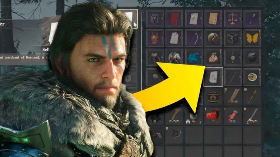 Primo piano del protagonista con interfaccia dell’inventario sullo sfondo e una grande freccia gialla che evidenzia uno slot oggetto in Crimson Desert.