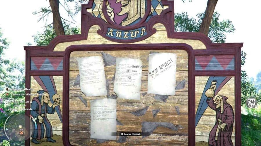 Una bacheca delle richieste in un villaggio di Crimson Desert mostra diversi avvisi e missioni affissi su una struttura di legno decorata.