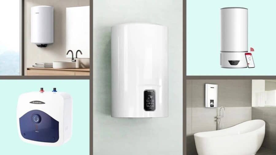 Collage di diversi modelli di scaldabagno e boiler da bagno, tra versioni verticali, compatte e smart controllabili da smartphone.