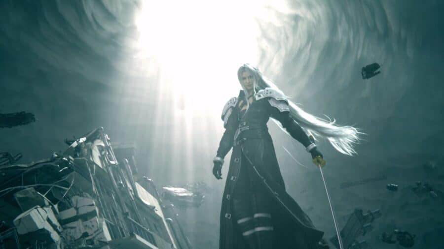 Sephiroth appare in piedi tra rovine sospese e una luce intensa che cala dall’alto in una scena di Final Fantasy VII.