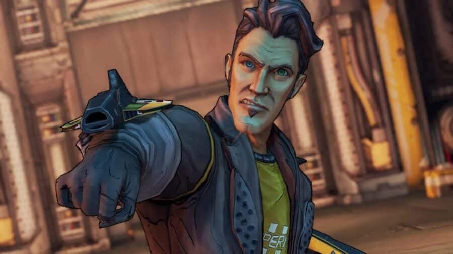 Handsome Jack punta il dito verso l’osservatore in una scena in stile cel shading tratta da Borderlands 2.