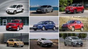 Collage di diverse auto compatte ed entry-level di vari marchi, tra citycar, utilitarie e piccoli SUV destinati al mercato europeo.