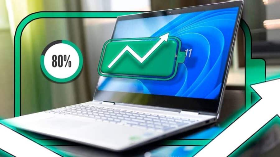 Un notebook con Windows 11 sullo schermo è affiancato da un indicatore all’80% e da una grafica che rappresenta la crescita della batteria.