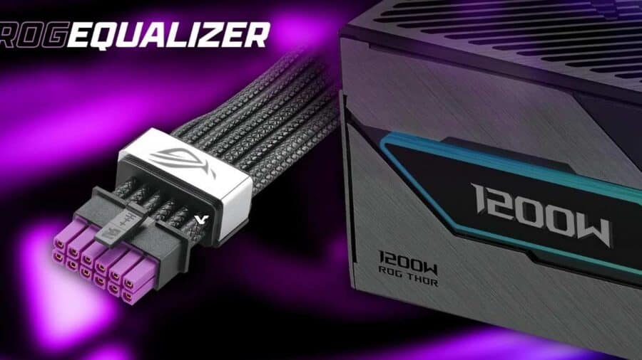 Render promozionale del cavo ASUS ROG Equalizer collegato a un alimentatore ROG Thor da 1200W, con connettore viola a 16 pin e grafica viola sullo sfondo.