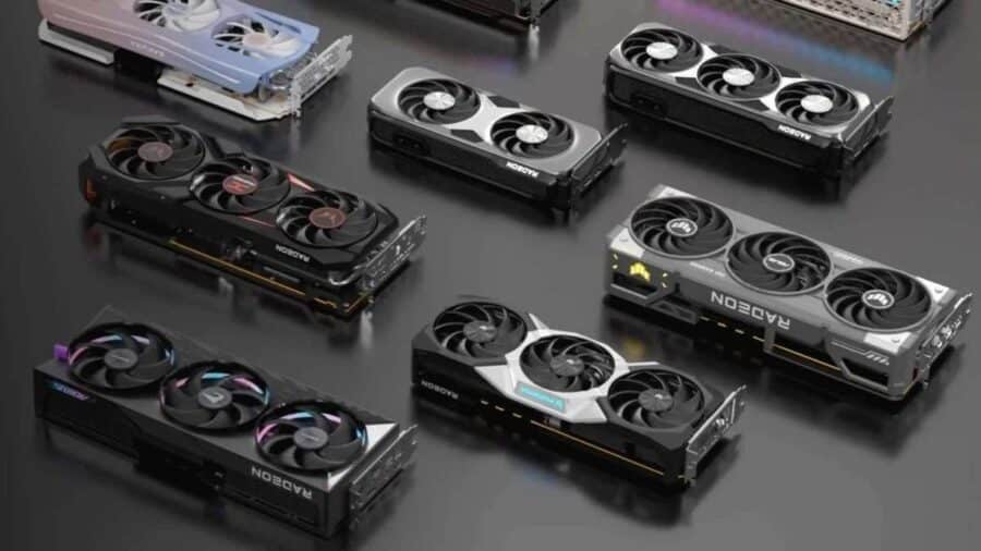 Diverse schede video AMD Radeon e NVIDIA GeForce disposte su un tavolo scuro, riprese dall’alto per mostrare design, dimensioni e sistemi di raffreddamento differenti.
