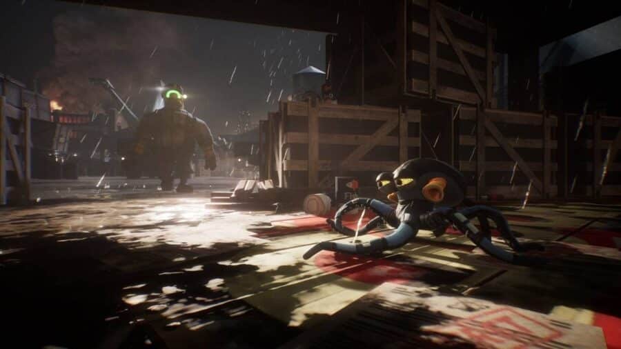 Un piccolo polpo si muove furtivamente sul pavimento bagnato di un’area industriale mentre una guardia corazzata si avvicina sullo sfondo in Darwin’s Paradox.