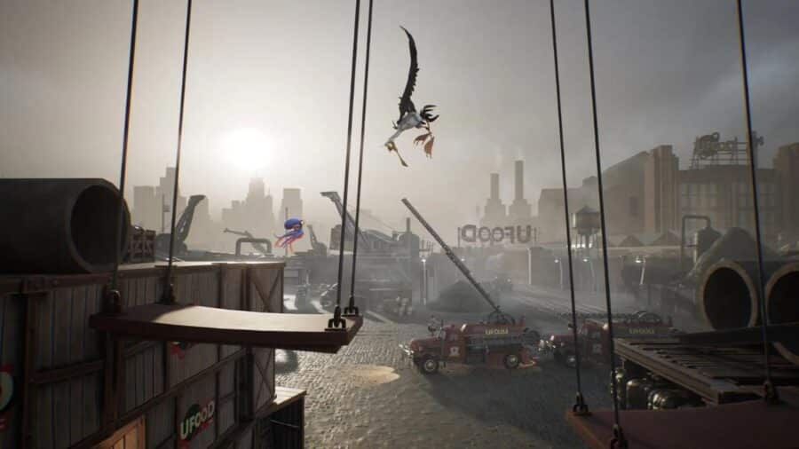 Darwin salta tra strutture sospese in un’area industriale all’aperto, mentre un grande uccello meccanico vola sopra un paesaggio urbano futuristico.