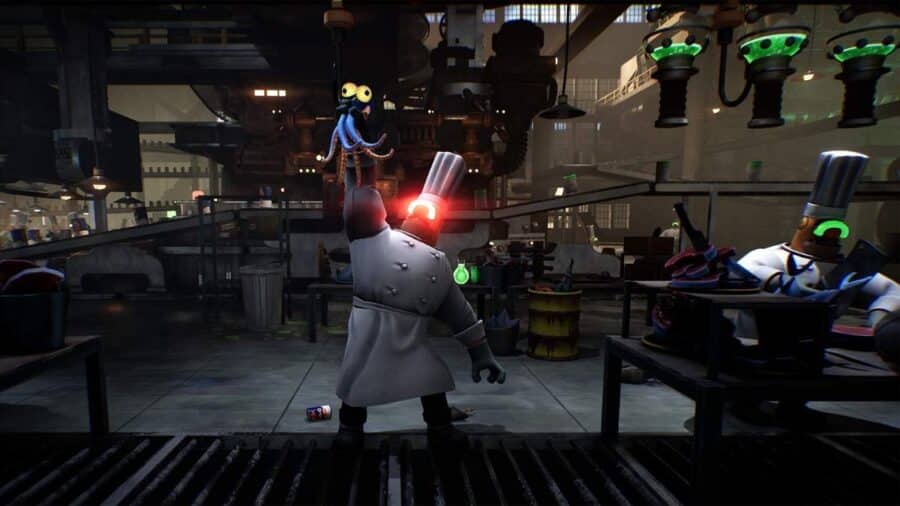 Un cuoco robotico solleva il piccolo polpo in una cucina industriale piena di macchinari, luci verdi e banchi da lavoro in Darwin’s Paradox.