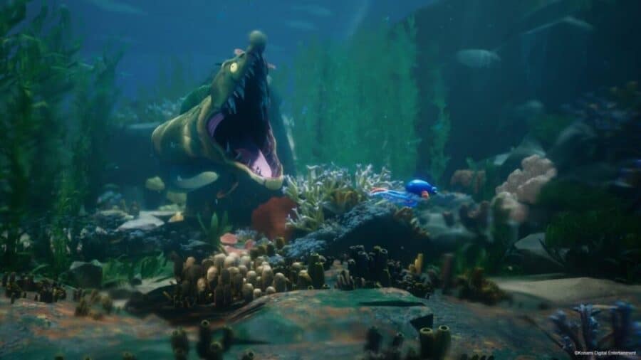 Un enorme pesce mostruoso spalanca la bocca contro il piccolo polpo in una sequenza subacquea di Darwin’s Paradox.