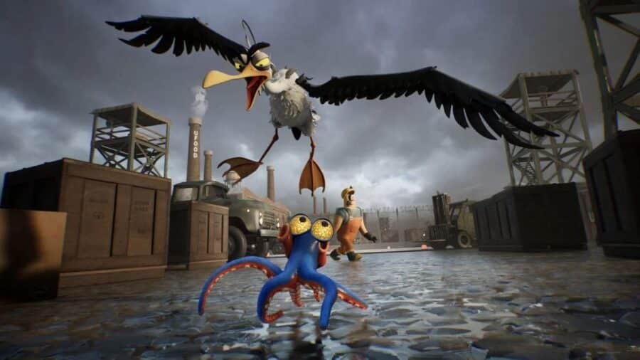 Un gabbiano aggressivo piomba dal cielo mentre il polpo corre in un’area portuale bagnata dalla pioggia in Darwin’s Paradox.