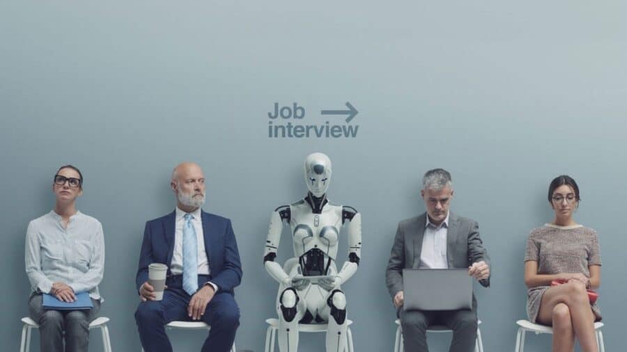 Un robot umanoide siede in fila con quattro persone in una sala d’attesa sotto la scritta “Job interview”.