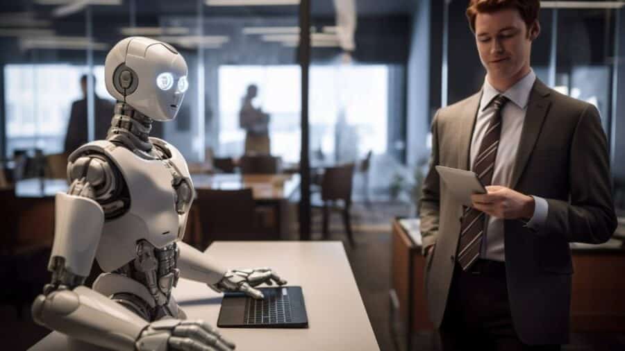 Un robot lavora al computer in un ufficio moderno mentre un uomo in abito osserva un tablet accanto alla scrivania.