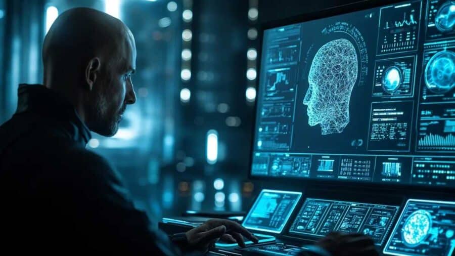 Un uomo osserva una grande interfaccia digitale futuristica con il profilo di una testa umana e vari pannelli pieni di dati e grafici.