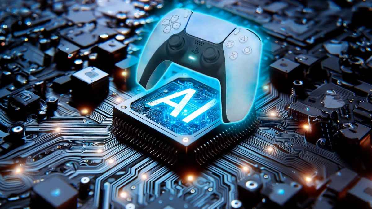 Un controller PlayStation fluttua sopra un chip con la scritta AI, appoggiato su una scheda elettronica illuminata da bagliori blu.