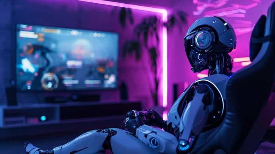 Un robot umanoide seduto in una gaming room dai toni viola e blu impugna un controller mentre guarda uno schermo con un videogioco in esecuzione.