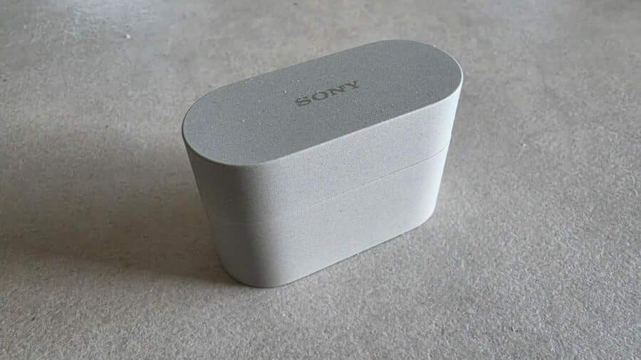 Custodia chiusa Sony WF-1000XM6 Platinum Silver vista dall'alto con logo Sony