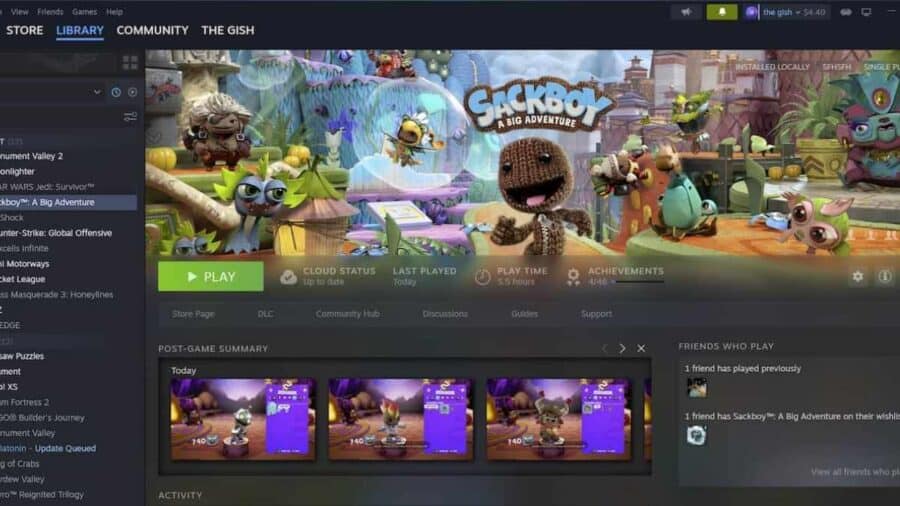 Schermata della libreria di Steam con il gioco Sackboy: A Big Adventure in evidenza, pulsante Play e riepilogo attività recenti.