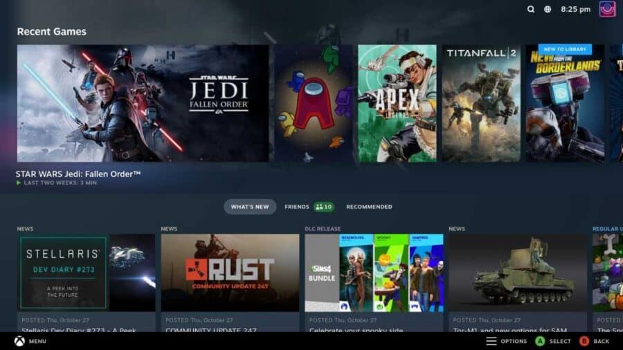 Interfaccia di Steam in modalità Big Picture o console-style con giochi recenti, notizie e suggerimenti mostrati su uno schermo.