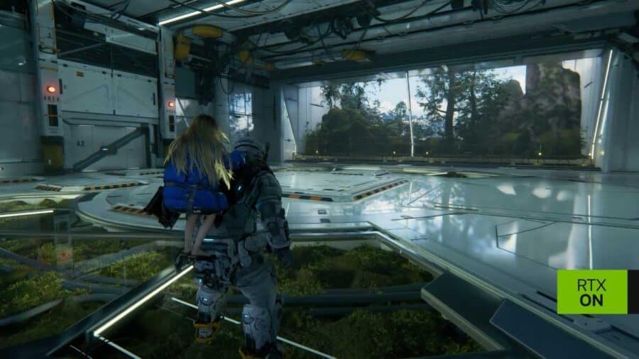Hugh con Diana sulle spalle esplora una grande sala hi-tech illuminata da luce naturale, con riflessi sul pavimento bianco e vegetazione visibile attraverso un’ampia vetrata; logo RTX ON in basso a destra.